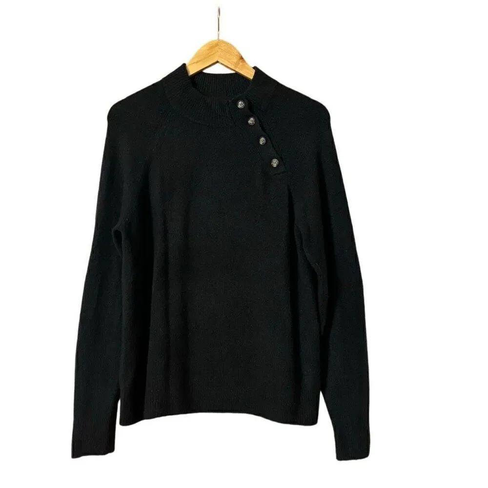 J Crew cozy black Button pullover Sweater in Super-Soft Yarn wool blend medium